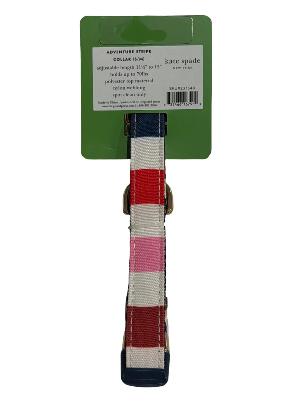 Kate Spade Adventure Stripe Pet Collar S/M Adjustable Nylon Gold Hardware - Picture 2 of 2